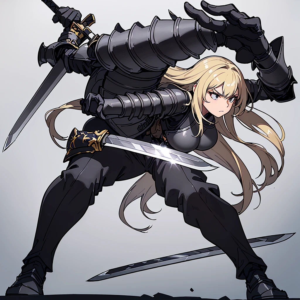 (((Solo)))、Highest quality, Best Quality、8K、Best illustrations、(Full body character concept、detailed)、(((Gray simple armor、Black trousers、Black gloves))、(woman、18-year-old)、(Blonde、Long Hair)、(((Grab the sword)))、(White background)、(Fighting stance,)、Dramatic Angle、(From below)