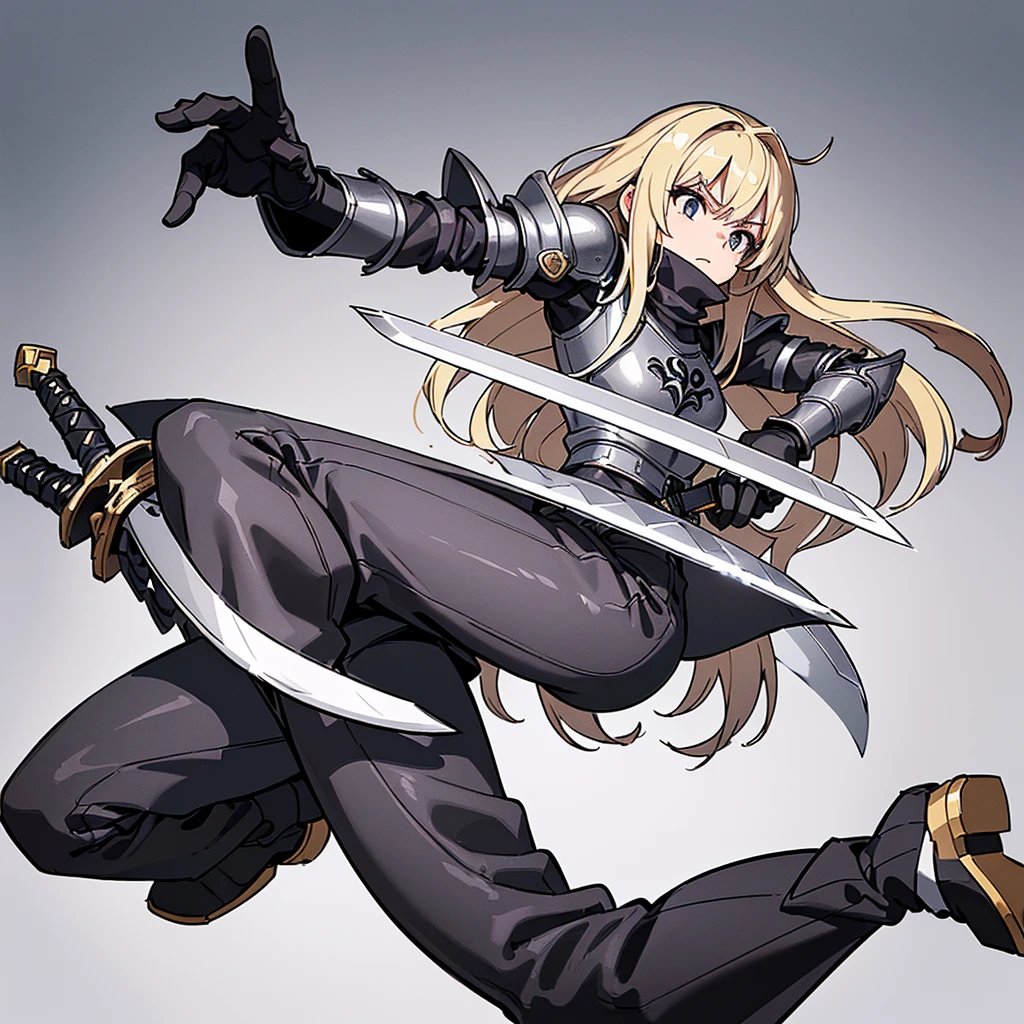 (((Solo)))、Highest quality, Best Quality、8K、Best illustrations、(Full body character concept、detailed)、(((Gray simple armor、Black trousers、Black gloves))、(woman、18-year-old)、(Blonde、Long Hair)、(((Grab the sword)))、(White background)、(Fighting stance,)、Dramatic Angle、(From below)