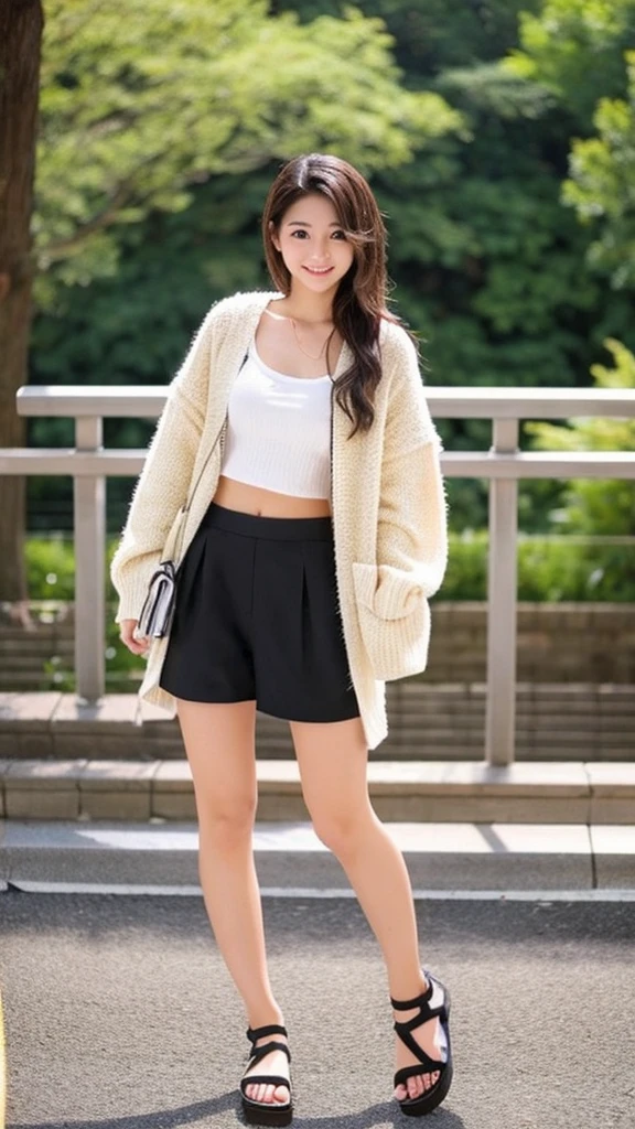 beautiful, University student, Japanese, Spanish, mixed blood, cardigan, big , bare midriff, short-sheeves, whole body, sandal, half-pants, hot
