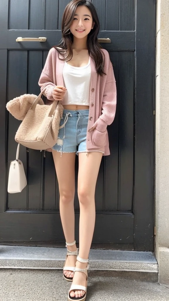 beautiful, University student, Japanese, Spanish, mixed blood, cardigan, big , bare midriff, short-sheeves, whole body, sandal, half-pants, hot