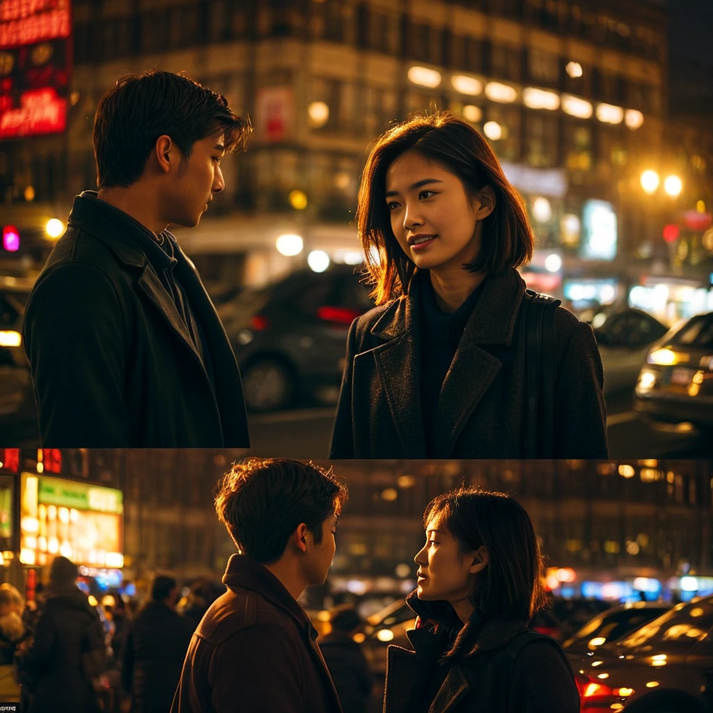 "Depict a young woman with an air of mystery and elegance, standing against a backdrop of a dimly lit, bustling city. Her expression is a mix of confidence and hidden sorrow, representing her life of deceit and trickery. She wears a sophisticated outfit, hinting at her ability to blend into various social settings.
Transition to a scene where she encounters a man with a warm, genuine smile. The city lights around them soften, highlighting the warmth of their interaction. The contrast between her guarded demeanor and his openness should be evident.
In another scene, capture moments of intimacy and connection between the woman and the man. Show them sharing quiet, tender moments, perhaps walking together at sunset or sitting in a cozy café. Her internal conflict and growing feelings of love are subtly reflected in her eyes and body language.
Illustrate a moment of inner turmoil for the woman, where she is alone, struggling with her desire to confess the truth. The setting could be a quiet room with dim lighting, her face reflecting a mix of guilt and longing.
Finally, depict the passage of time, showing the woman observing the man from a distance, now with a sense of acceptance and lingering regret. The background should suggest the changing seasons or years passing, symbolizing the enduring impact of their encounter. The overall tone should transition from dark and somber to bittersweet and reflective, indicating her emotional journey and the lasting scar of unfulfilled love."
。 High resolution, masterpiece, Highest quality, Intricate details, Very detailed, Clear focus, Delicate skin, practical skin texture, texture, Delicate eyes, Professional, 4K, Shot with Canon, 85mm, Shallow and deep, Kodak Vision Color, Exactly, Very detailed, photograph_\(Extremist\), photographpractical, practical, Post-processing, Maximum details, Roughness, Real Life, Extremist practical, Photorealism, photographgraphy, 8K Ultra HD, photographgraphy