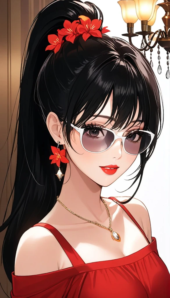 Hot sexy beautiful milf mom , perfect body, detailed lips rings ,black hair,black eyes, wearing white sun glasses , detailed , big chandelier earrings , alluring face, smiling, necklace , red lipstick ,hair ponytail ,red flowers brochure,red gownp, smooth skin,