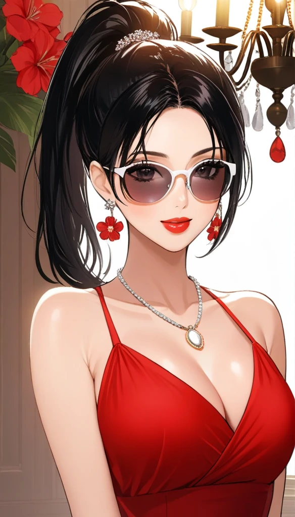Hot sexy beautiful milf mom  , perfect body, detailed lips rings ,black  hair,black eyes, wearing white sun glasses , detailed , big chandelier earrings , alluring face, smiling, necklace , red lipstick ,hair ponytail ,red flowers brochure,red gownp, smooth skin,