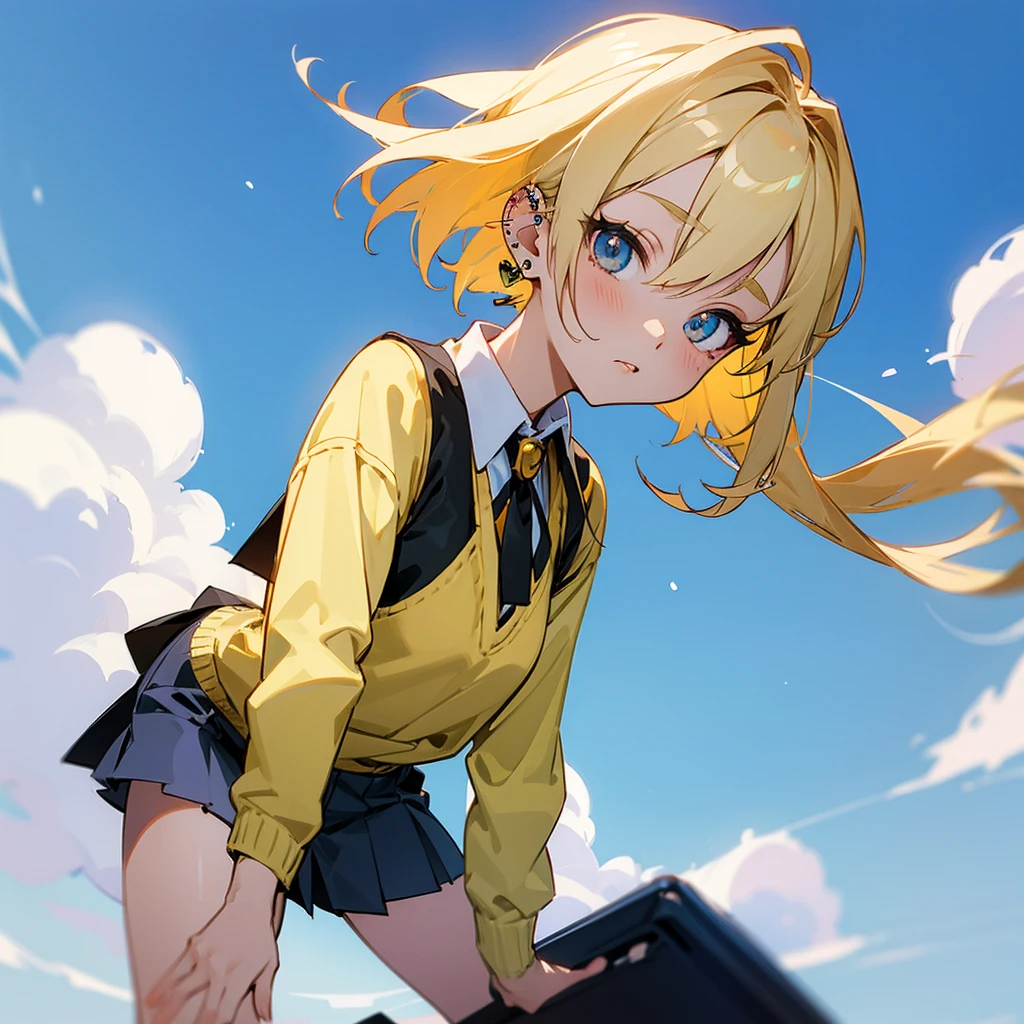 Create a blonde anime girl with very short student clothes, earrings and piercings
