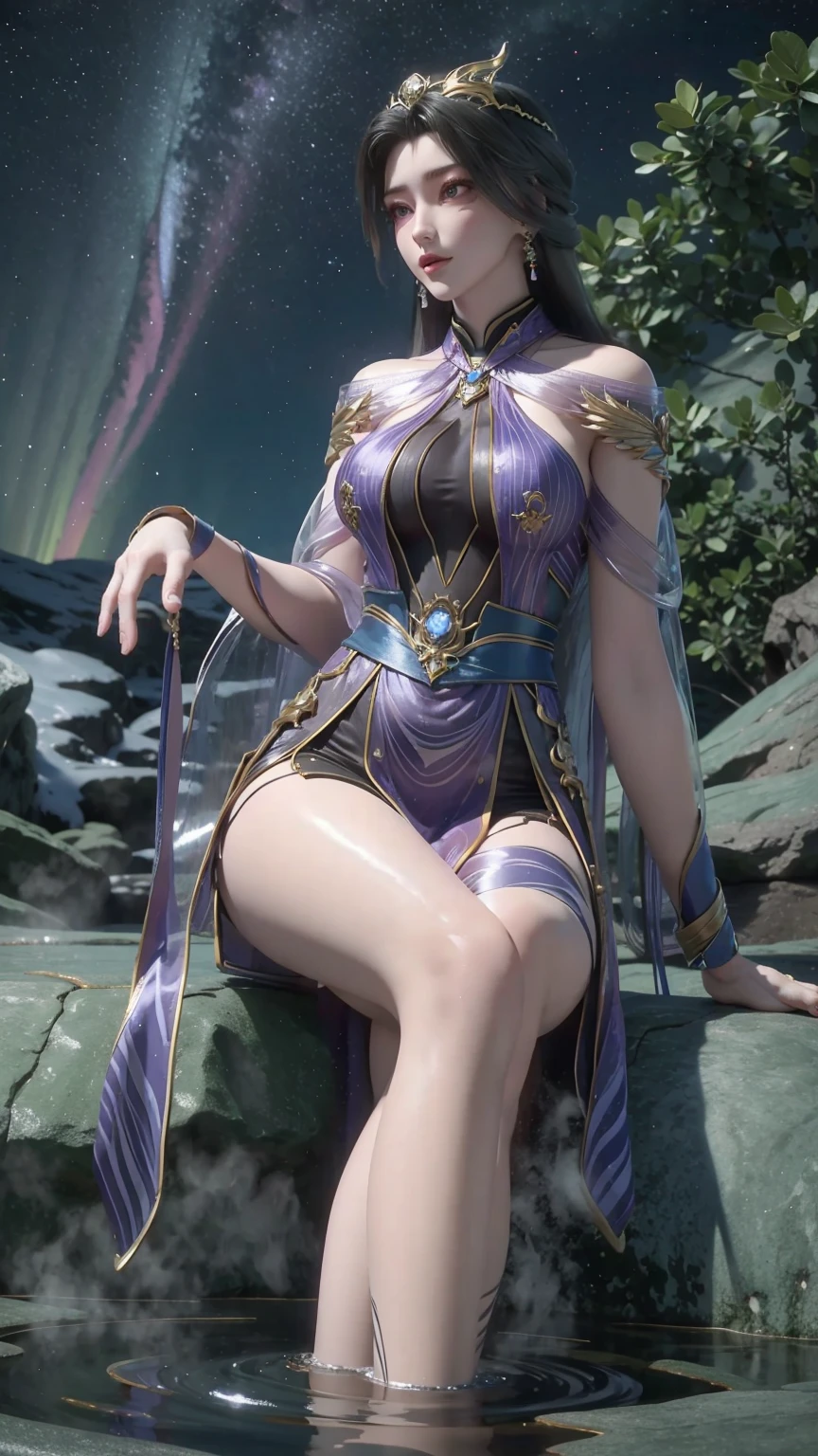 a beautiful girl sitting on an icy hot spring at night, starry sky, snow, hot spring water, bathing in the hot spring, water magic, 1girl, detailed face, detailed eyes, detailed lips, long eyelashes, beautiful detailed skin, exquisite facial features, elegant pose, serene expression, mist rising from hot spring, glowing water, ice crystals on rocks, aurora borealis in night sky, warm lighting, vibrant colors, highly detailed, photorealistic, 8k, hyper realistic, masterpiece, digital art