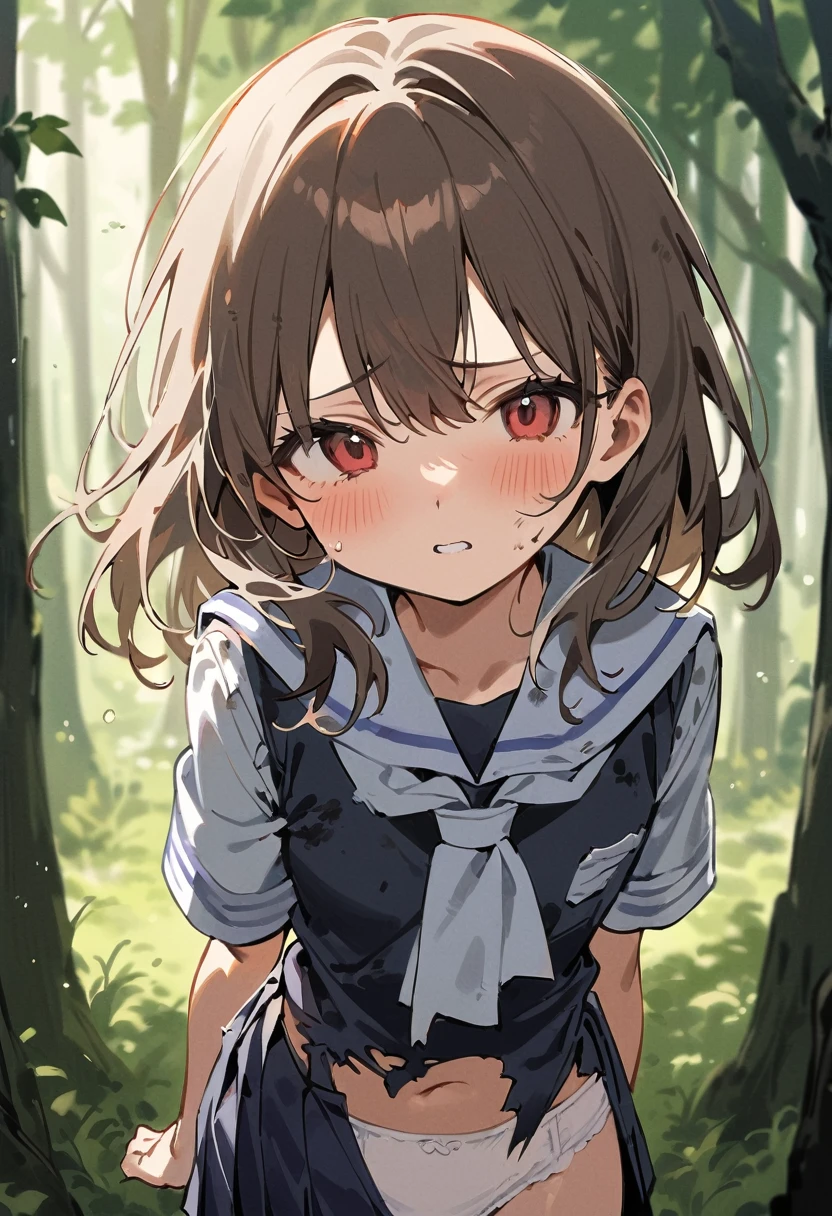 beautiful detailed girl,(masterpiece,best quality,extremely detailed:1.2),((cowboy shot:1.1)),(solo,,kawaii,slender,small breasts:1.25),(pained look:0.8),((white underwear) in ((Torn school uniform)):2),(dirty:2),blush,shy,weep,standing,(deep forest:1.5),(hug:0.4),rating: general, newest,Sexy face,(primitive:1.1)