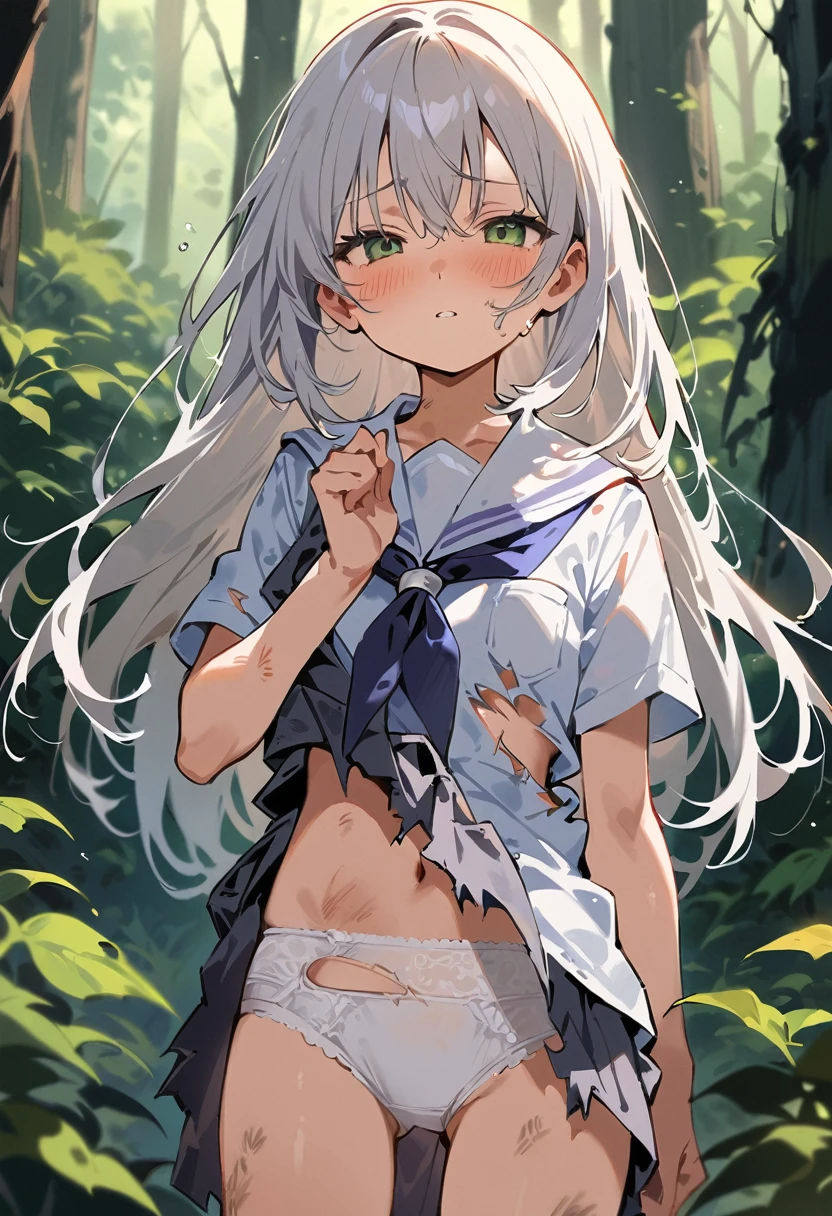 beautiful detailed girl,(masterpiece,best quality,extremely detailed:1.2),((cowboy shot:1.1)),(solo,,kawaii,slender,small breasts:1.25),(pained look:0.8),((white underwear) in ((Torn school uniform)):2),(dirty:2),blush,shy,weep,standing,(deep forest:1.5),(hug:0.4),rating: general, newest,Sexy face,(primitive:1.1)