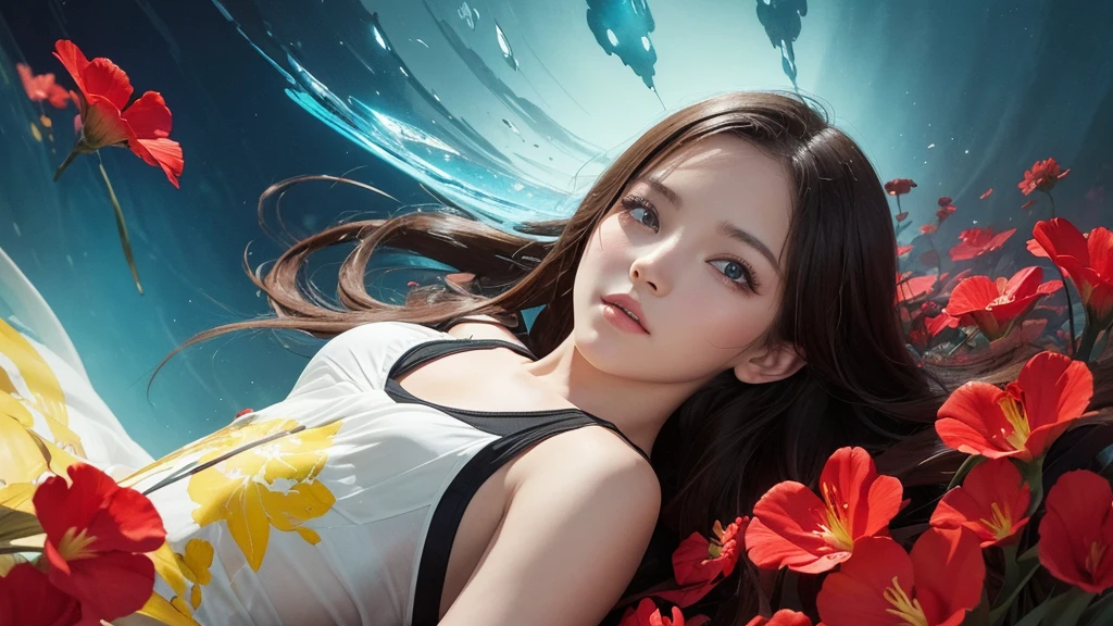 32k, Masterpiece, Highest quality, One girl, Detailed eyes, flower,gladiolus, Yellow and red style,A dreamy, romantic piece,Pale yellow, Mysterious Leaves,A playful arrangement,Fantasy,High Contrast,Ink strokes,explosion,Exposure, Impression of light blue and red tones,Abstract,((Watercolours by John Berkey and Jeremy Mann )) Brush strokes,Negative Space, Tyndall effect,