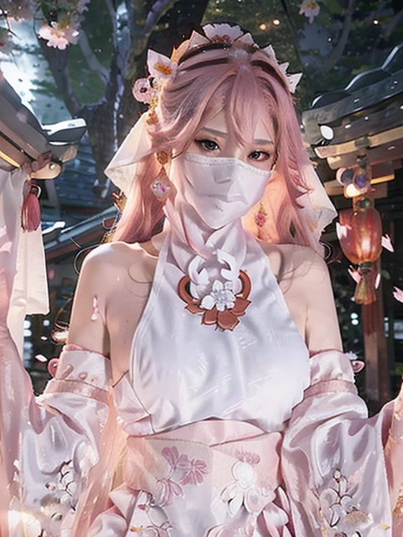 Highest quality, masterpiece, Ultra-high resolution, (Realistic:1.6), RAW photo from above, 1girl, (ulzzang-6500:0.725), (one beautiful woman:1.3), kpop idol, yae miko, detached sleeves, bare shoulders, pink hair, long hair, best quality, (photorealistic:1.2), (hair ornament:1.35), jewelry, purple eyes, earrings,, large breasts, torii, cherry blossoms, lantern light, depth of field, detailed face, face focus, (looking at viewer:1.25), shiny skin, long sleeves, wearing face veil, (white face veil, Chinese Hanfu, silk mask veil:1.2), game cg, thighhighs, hands on lips, east asian architecture, blurry background, full body, arms behind back, night day