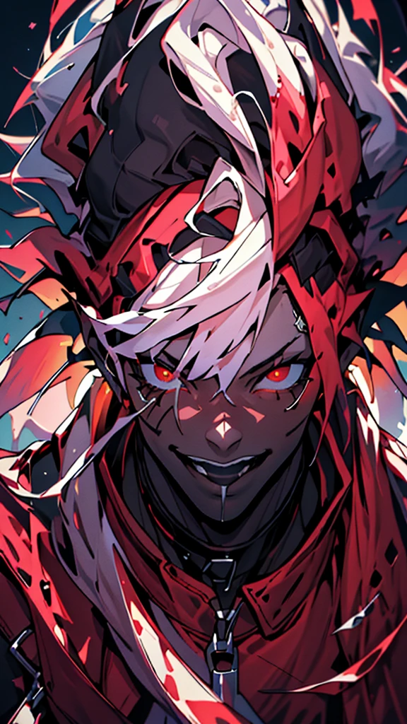 masterpiece, (absurdres, highres, ultra detailed), 1boy, muscular, white hair, solo, extremely detailed red eyes, (official art, beautiful and aesthetic:1.2), (dark art,erosion,fractal art :1.3), colorful, horror, highest detailed