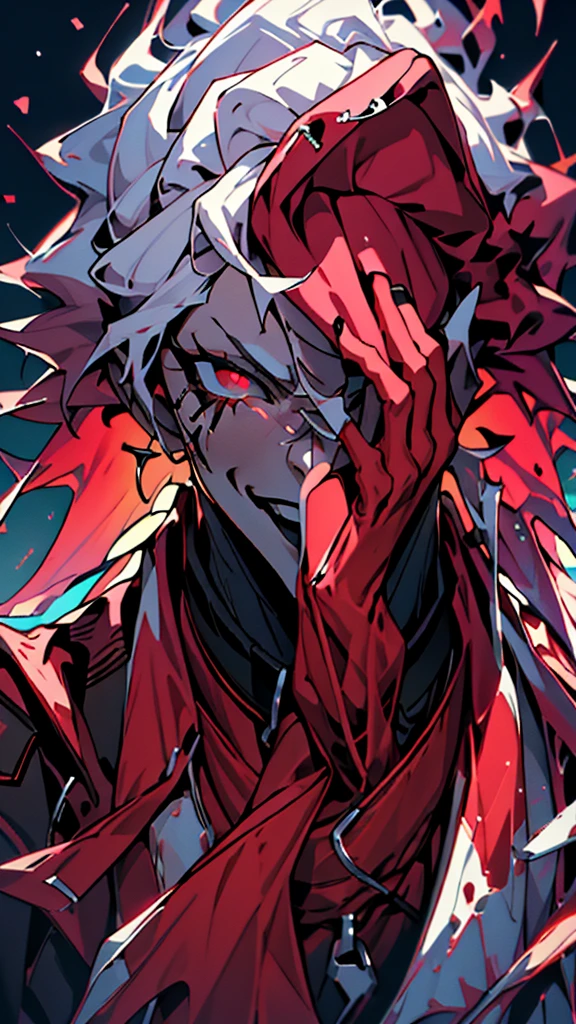 masterpiece, (absurdres, highres, ultra detailed), 1boy, muscular, white hair, solo, extremely detailed red eyes, (official art, beautiful and aesthetic:1.2), (dark art,erosion,fractal art :1.3), colorful, horror, highest detailed