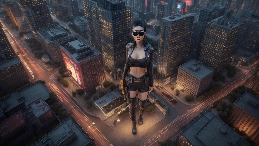 (((at night))), FPS gaming screen view, rooftop, (((high angle view))) of cyberpunk city, neon light buildings, unreal engine 5 rendering, (((1Girl, solo))), large breasts, Chest exposed, breast cleavage, wide open ass, slim waist, dynamic seductive pose, ((​masterpiece:1.2)), top-quality, official art, detailed CG Unity 8K Wallpapers, artbook, Expressive Hues, Vibrant Palette, B deficiency and white clothes, (((matrix style black micro sunglasses))), (((((aiming with a short gun))))), (((looking at camera))), (((very low view))), (((thigh level medium:0.9 shot))).