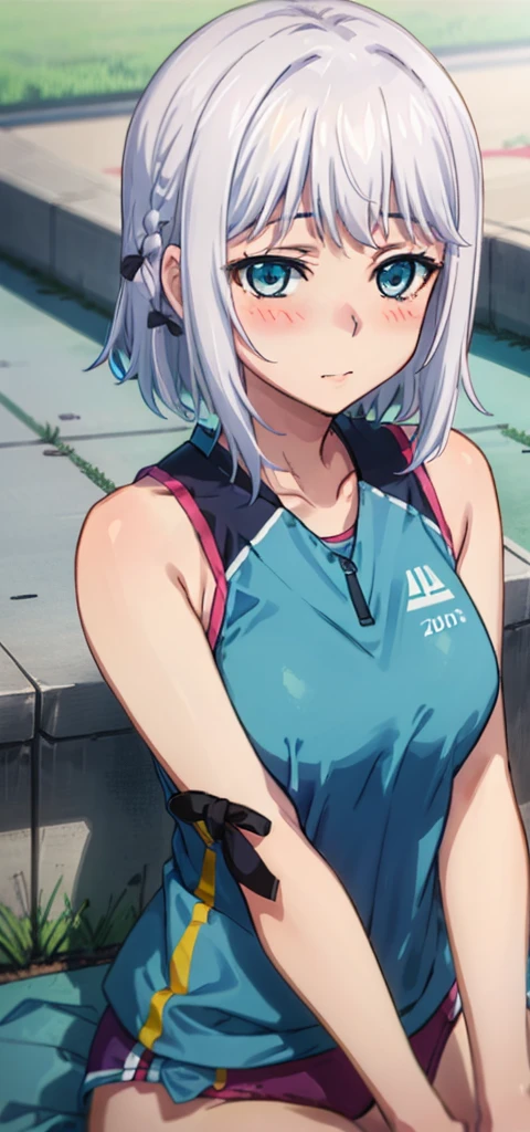 1 girl, kanon kanase, , blush, medium breasts, sleeveless,((sports outfit)), sitting, 20-year-old, healthy skin. Upper_body.