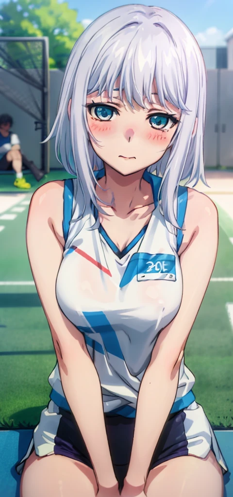1 girl, kanon kanase,  , blush, medium breasts, sleeveless,((sports outfit)), sitting,  20-year-old, healthy skin. Upper_body. 
