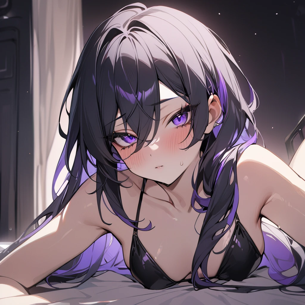 1 girl,Solo,Androgynous,black hair,long hair,purple eyes,masterpiece, best quality,very aesthetic,absurdres,best quality, very aesthetic, absurdres,black and purple,Bikini,(stuffy)