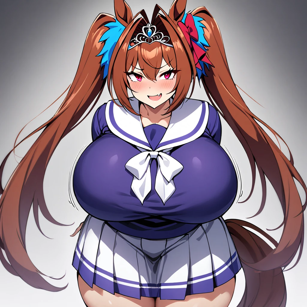 masterpiece, best quality, highres, 1girl, daiwa scarlet (umamusume), horse ears, long hair, twintails, tiara, horse tail, very long hair, brown hair, long sleeves, super gigantic huge breasts, Whipped thighs,Trasen School costume, white thighhig, White skirt, sailor shirt,Sailor collar, Purple shirt, a miniskirt,bangs,fang, red eyes, hair,between eyes, hair bow, smile,standing,short stature,very near,lascivious,Females in heat,lecherous look,SFW,