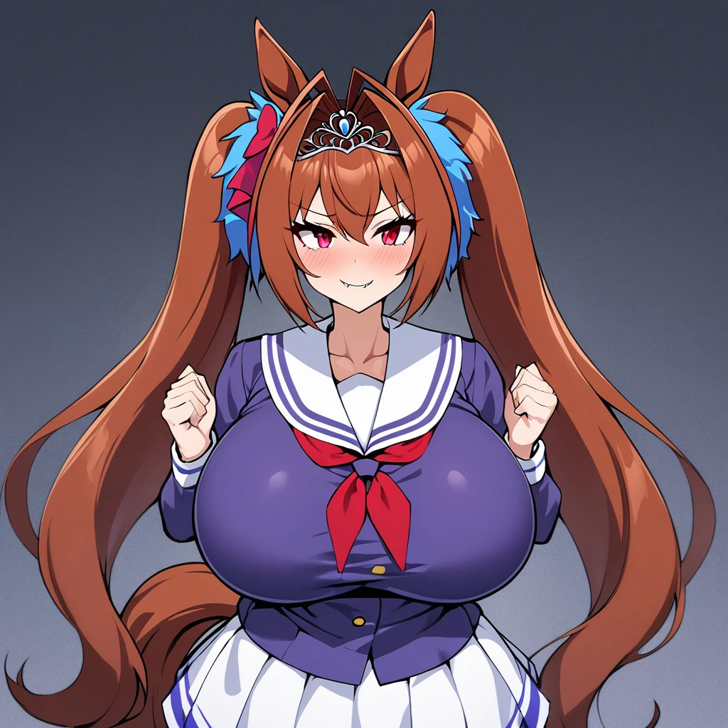 masterpiece, best quality, highres, 1girl, daiwa scarlet (umamusume), horse ears, long hair, twintails, tiara, horse tail, very long hair, brown hair, long sleeves, super gigantic huge breasts, Whipped thighs,Trasen School costume, white thighhig, White skirt, sailor shirt,Sailor collar, Purple shirt, a miniskirt,bangs,fang, red eyes, hair,between eyes, hair bow,  smile,standing,short stature,very near,lascivious,Females in heat,lecherous look,SFW,