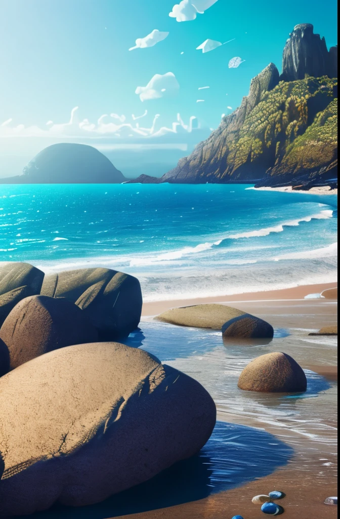 a view of a beach with rocks and water in the middle, by Mike Winkelmann, by Mike "Beeple" Winkelmann, realism | beeple, beeple |, wide angle fantasy art, beeple and mike winkelmann, by Beeple, by Martin Deschambault, surrealism!!!!! concept art