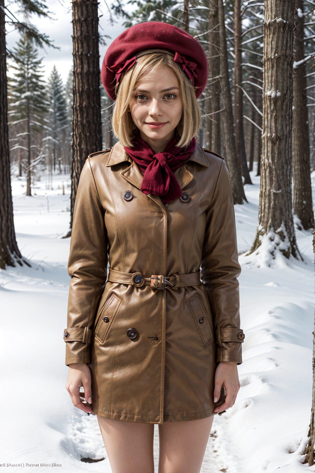 masterpiece, best quality, highres, aalamb, short hair, hair bow, red bow, beret, pink headwear, red eyes, winter clothes, scarf, snow, coat, upper body, smirk, forest