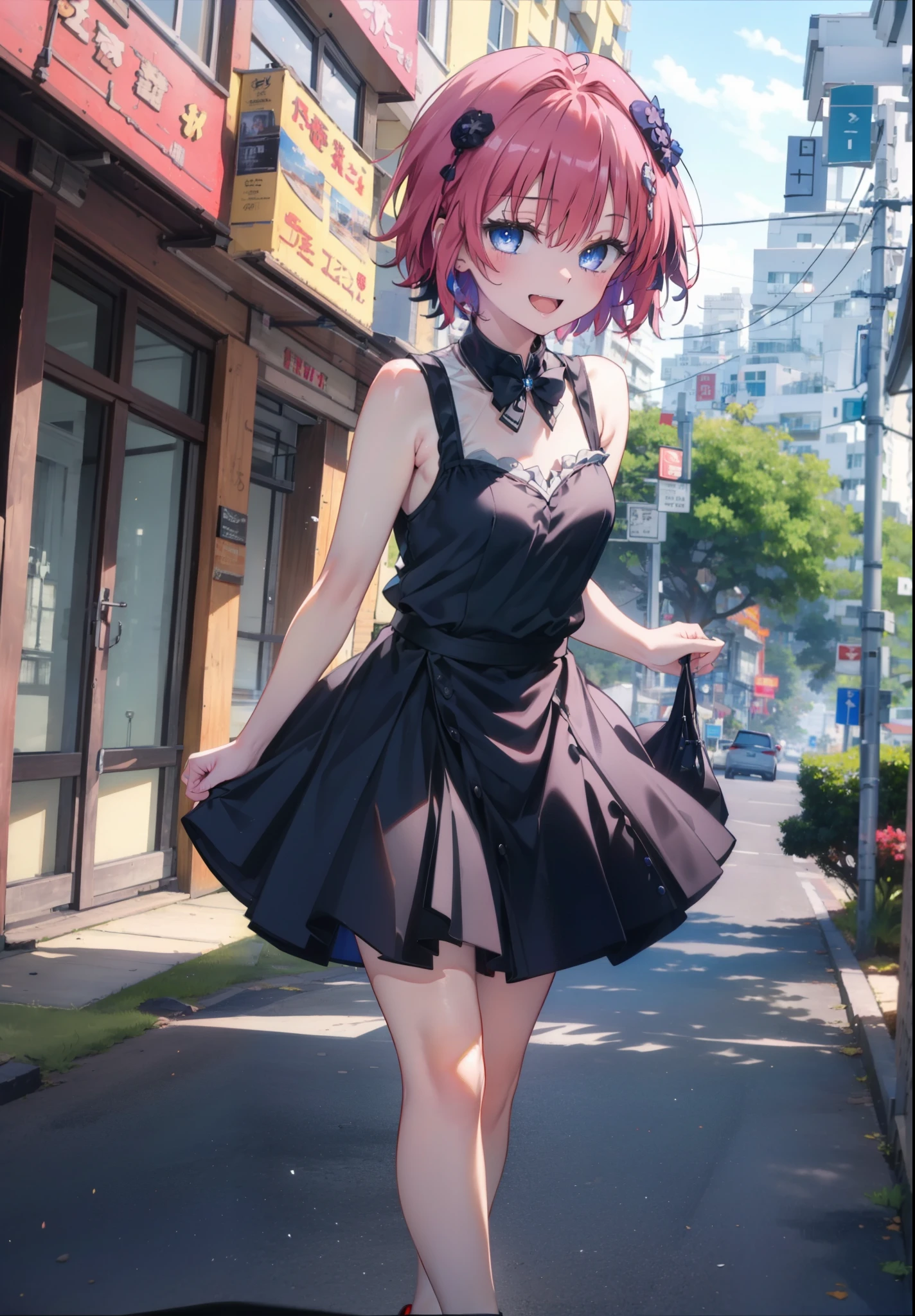 (masterpiece, Highest quality:1.2),shape,8K,High resolution,Say something happy smile, smile, Open your mouth,,Redhead,Long Hair,Purple eyes,1 Girl,sleeveless black dress,Bare arms,Black long skirt,Cute Sandals,walking,Daytime,Clear skies,
break looking at viewer,whole body,
break outdoors, Coastal Road,
break (masterpiece:1.2), Highest quality, High resolution, ユニティ 8K 壁紙, (shape:0.8), (Beautiful and beautiful eyes:1.6), Highly detailed face, Perfect lighting, Highly detailed CG, (Perfect hands, Perfect Anatomy),