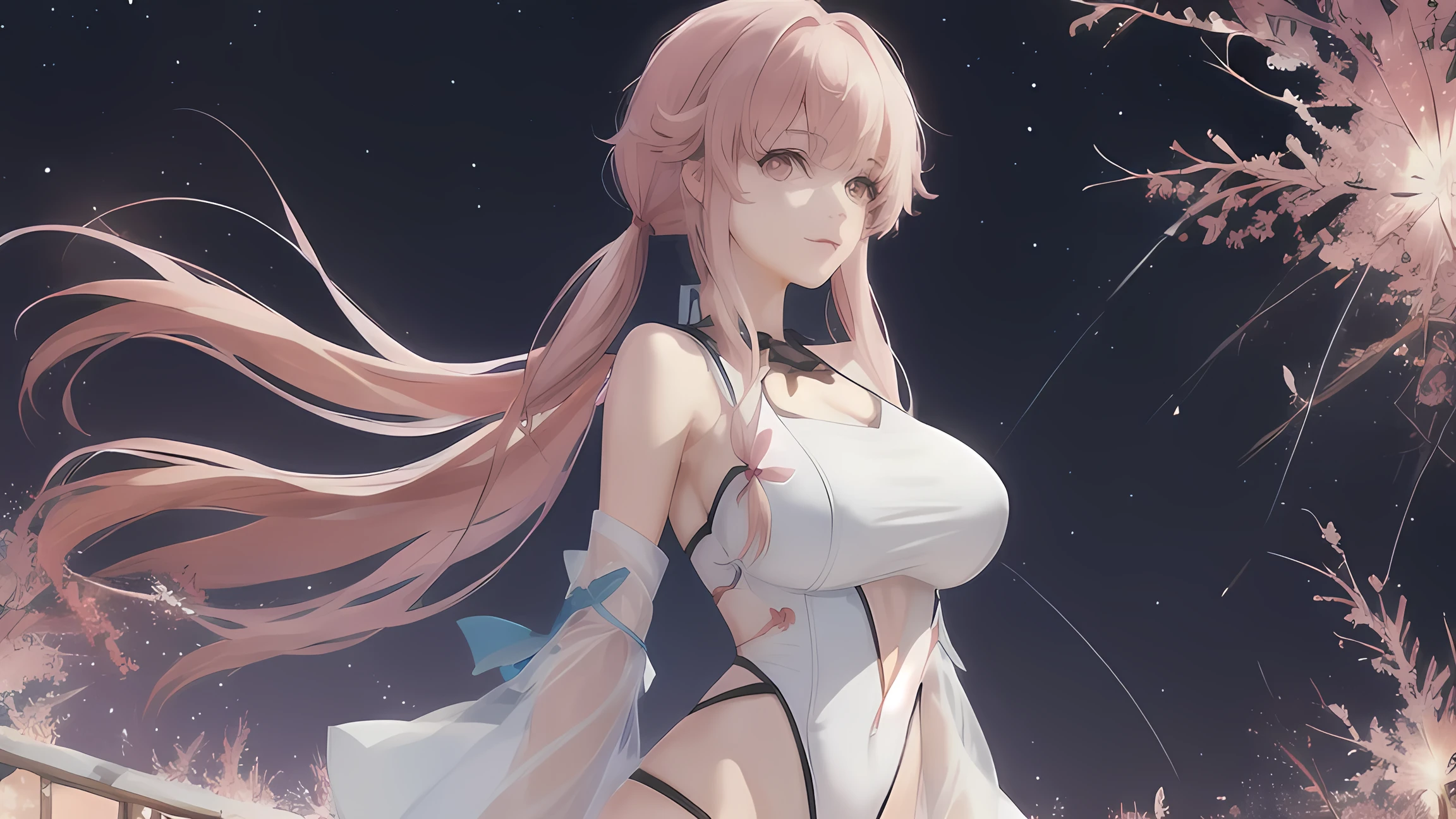 (masterpiece, top quality, best quality, Gasai Yuno, Mirai Nikki, Huge Breast, Pink hair, official art, beautiful and aesthetic:1.2),(1girl:1.3), (fractal art:1.3),upper body, from side, looking at viewer, patterns,(flashlight background),water,liquid, cloud,colorful, starry,stars, Vibrance Color, Sharp Color, HDR, (Half Boddy shot),