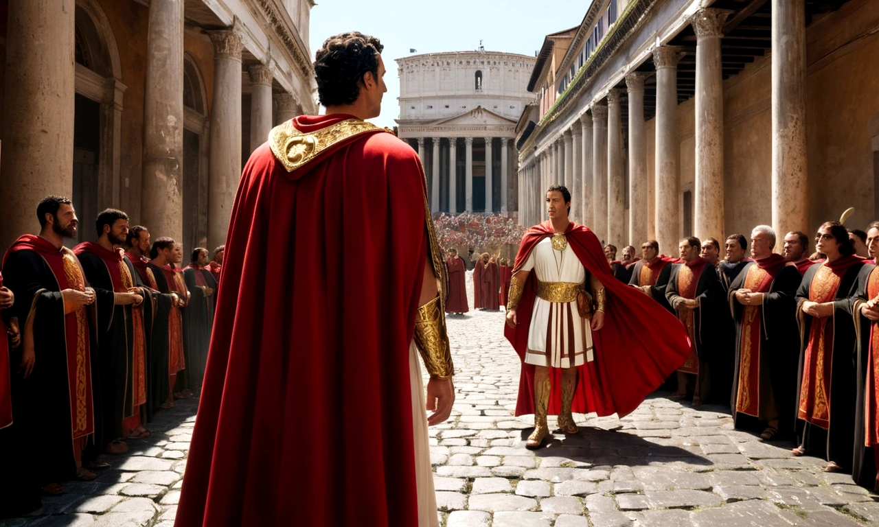 Julio Cesar, at the height of his middle age, radiates authority and charisma. Dressed in his gold-embroidered robes and iconic red cape, his deep eyes reflect the wisdom and determination of a leader. Next to you, Calpurnia, sua esposa, emanates a serenity that contrasts with the intensity of the Roman emperor. The scene captures the power and elegance of the couple in the heart of Rome.