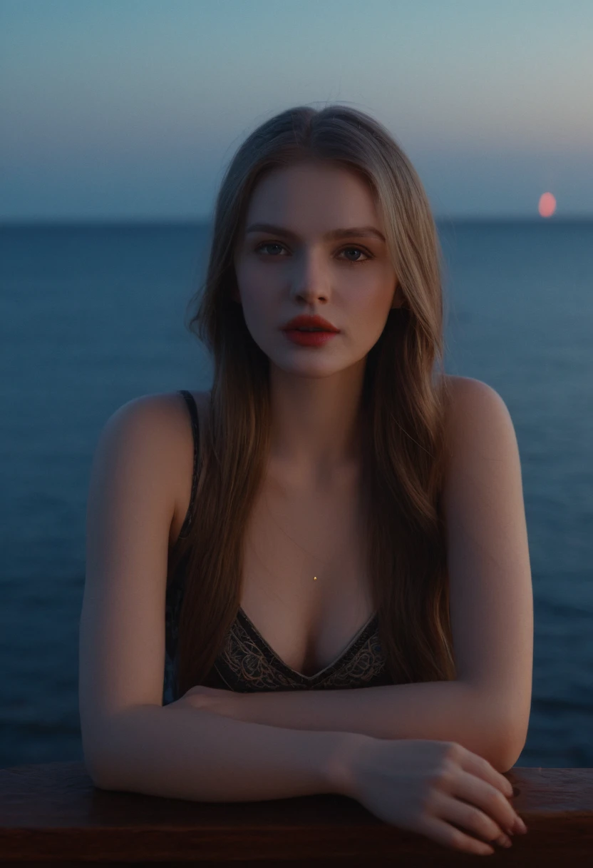 pale skin, evil slavic woman, long dark blond hair, gorgeous lips, cinematic, (masterpiece), (best quality), (ultra-detailed), very aesthetic, photo, perfect composition, intricate details, absurdres, detailed face, (masterpiece, intricate:1.3), (best quality, hires textures, high detail:1.2), (4k),(incredibly detailed:1.4) Bar in the sky, 1girl, solo, alone, sitting at bar counter, from side, drinking, (ocean:1.3), candles, starry sky, shooting stars, masterpiece, best quality, ultra detailed,bar, (Professional), (award winning), (deep shadow), (Soft bokeh), 8K, HDR, sharp-focus, intricate details, Highly detailed, Sharp, Character portrait, perfect lighting, Masterpiece, detailled background, Cinematic lighting, 8K
