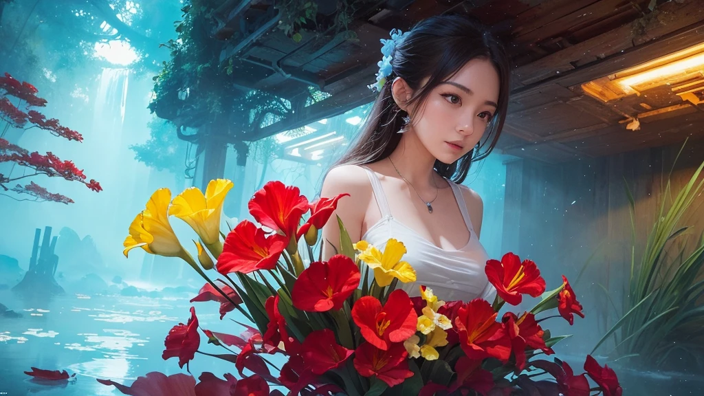 32k, Masterpiece, Highest quality, One girl, Detailed eyes, flower,gladiolus, Yellow and red style,A dreamy, romantic piece,Pale yellow, Mysterious Leaves,A playful arrangement,Fantasy,High Contrast,Ink strokes,explosion,Exposure, Impression of light blue and red tones,Abstract,((Watercolours by John Berkey and Jeremy Mann )) Brush strokes,Negative Space, Tyndall effect,