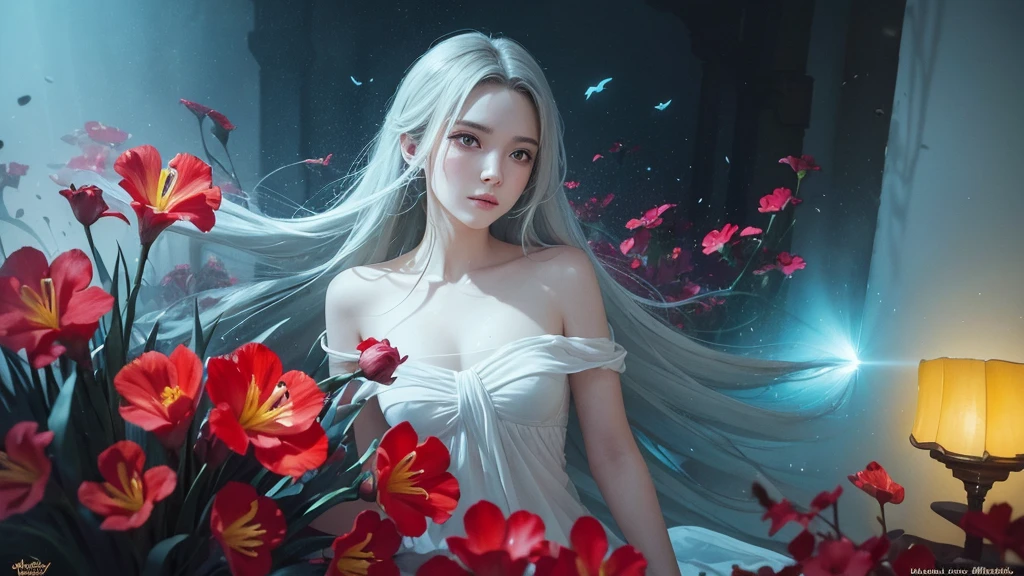 32k, Masterpiece, Highest quality, One girl, Detailed eyes, flower,gladiolus, Yellow and red style,A dreamy, romantic piece,Pale yellow, Mysterious Leaves,A playful arrangement,Fantasy,High Contrast,Ink strokes,explosion,Exposure, Impression of light blue and red tones,Abstract,((Watercolours by John Berkey and Jeremy Mann )) Brush strokes,Negative Space, Tyndall effect,