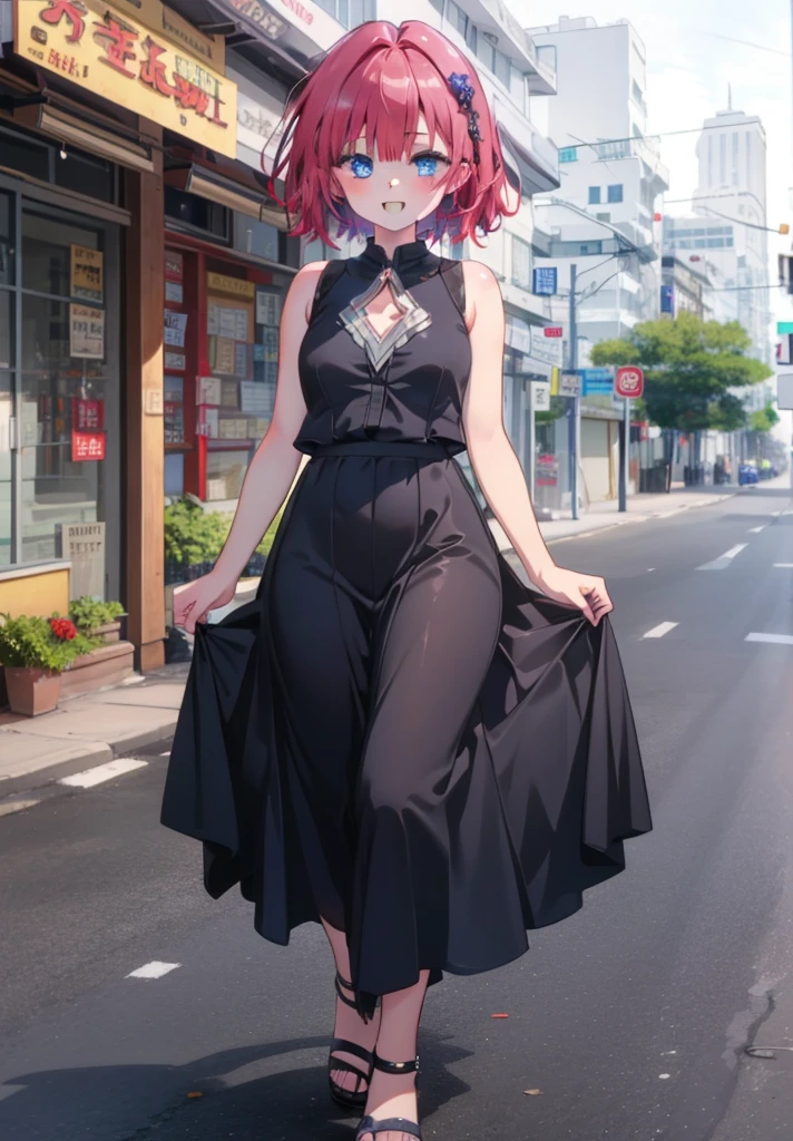 (masterpiece, Highest quality:1.2),shape,8K,High resolution,Say something happy smile, smile, Open your mouth,,Redhead,Long Hair,Purple eyes,1 Girl,sleeveless black dress,Bare arms,Black long skirt,Cute Sandals,walking,Daytime,Clear skies,
break looking at viewer,whole body,
break outdoors, Coastal Road,
break (masterpiece:1.2), Highest quality, High resolution, ユニティ 8K 壁紙, (shape:0.8), (Beautiful and beautiful eyes:1.6), Highly detailed face, Perfect lighting, Highly detailed CG, (Perfect hands, Perfect Anatomy),