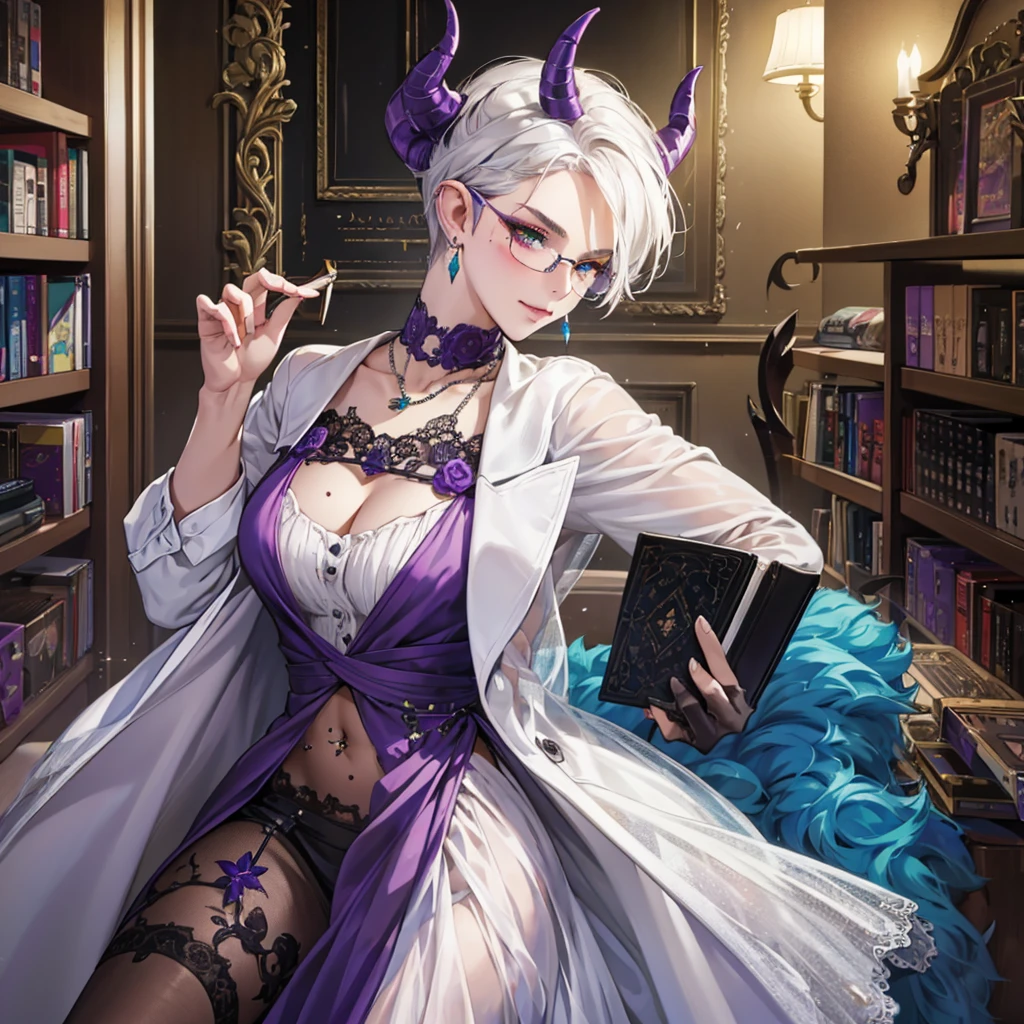 8k, masterpiece, best quality, highly detailed, 1 girl, tiefling, warlock, multicolored hair, very short straight hair green highlight hair on white hair, strippled hair, wearing glasses, round glasses, earrings, long dress with side cut, lace dress, red eyeshadow, long eyelashes,navel piercing, blushed cheek, necklace, collarbone, high heels, mole, glamorous, purple and teal clothing, villainy, smirk, seductive face, close up view, rings, looking at viewer, standing, demon horns, solo, hand touching cheek, library, black lace gloves, holding book, miniskirt.