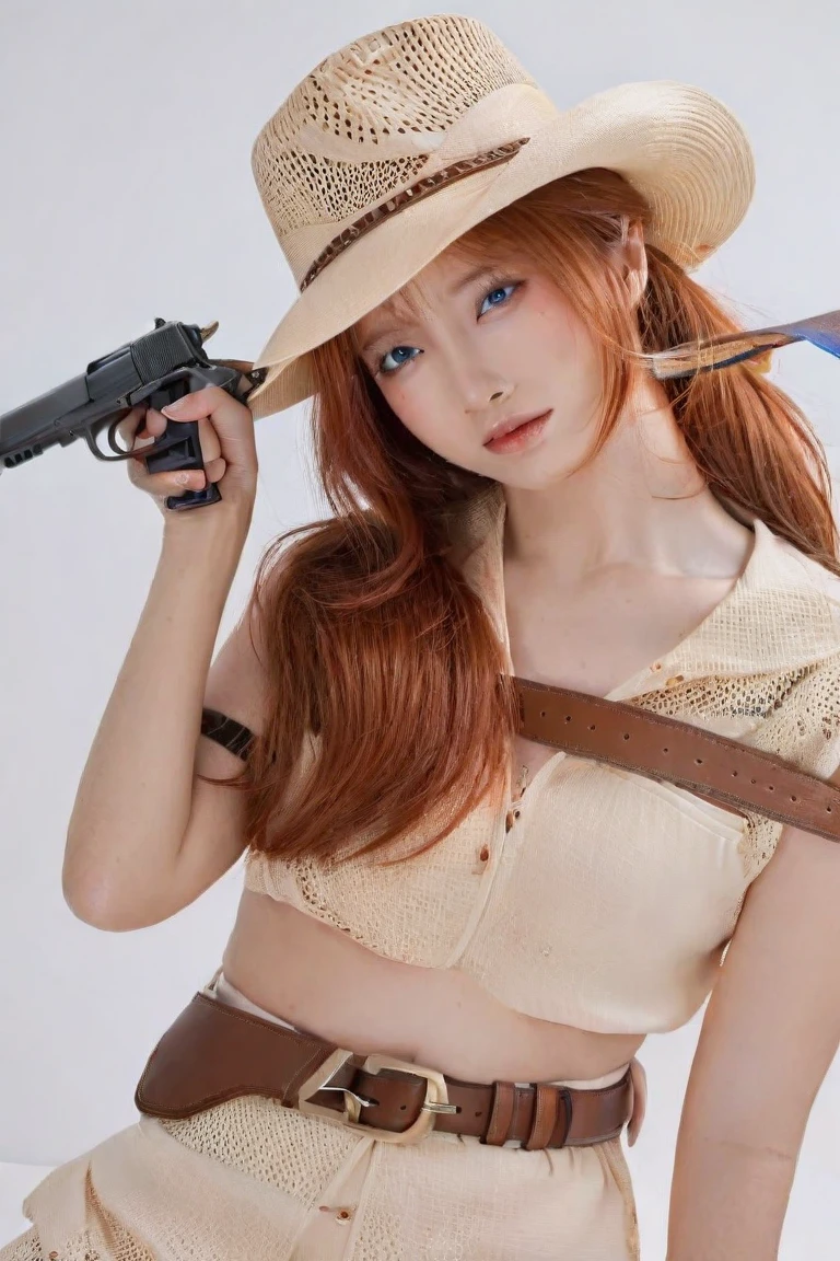 (((NSFW:1.8))),(((Nude:1.8))),score_9, score_8_superior, score_7_superior, とてもbeautiful, sauce_anime, detailed, high quality, beautiful, masterpiece, detailed eyes,((White monochrome background)),((Alluring face:1.2)) Hat Adjustment,Redhead, ponytail, blue eyes, freckles, Side Lock,Watch on wrist,(((brown gun belt:1.5))),Cowboy hat, Cowboy boots, PDXL ,((Full Body Shot:1.8)),((Drunk:1.5))