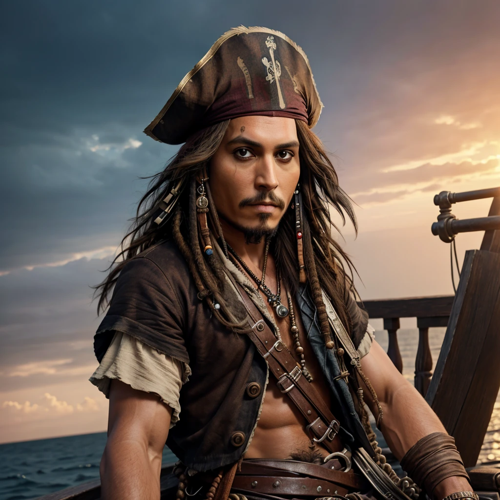 generate a captain jack sparrow image with artificial and motivative background for youtube channel logo