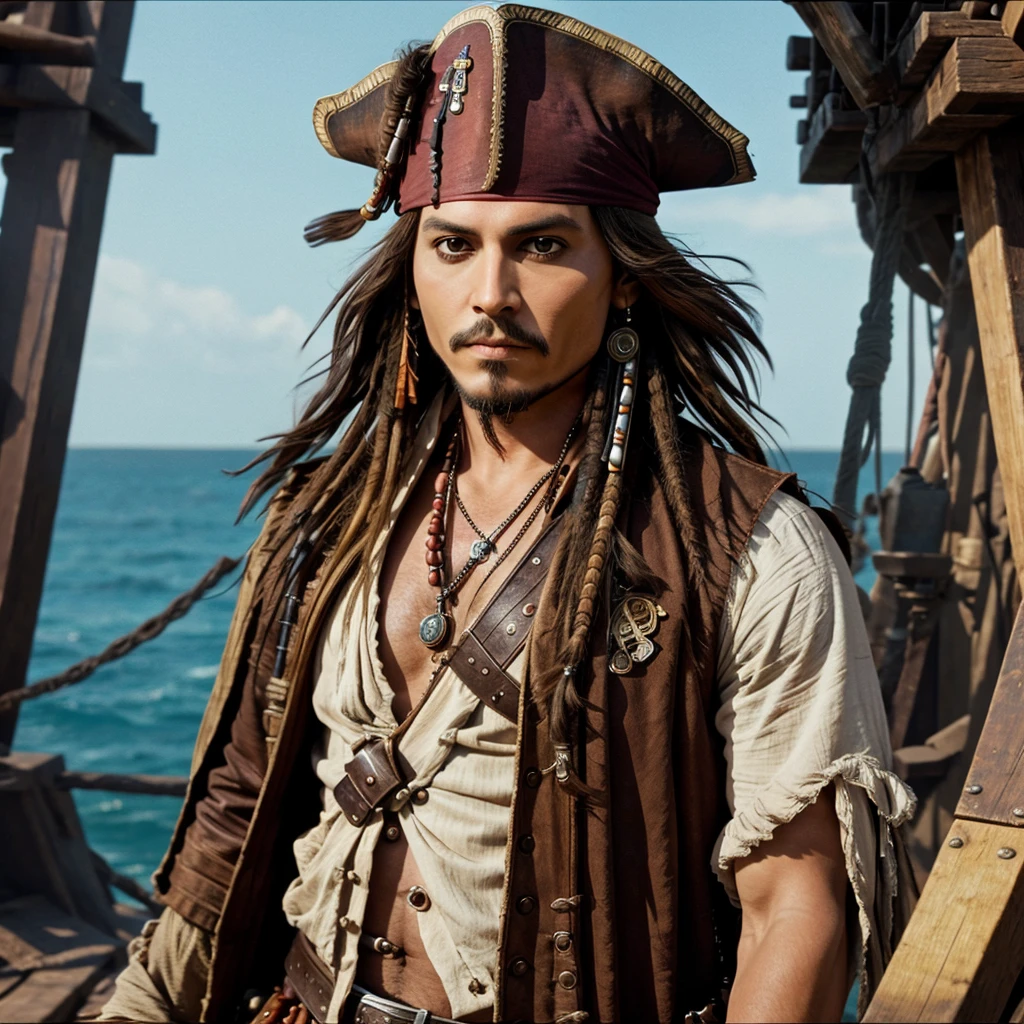 generate a captain jack sparrow image with artificial and motivative background for youtube channel logo