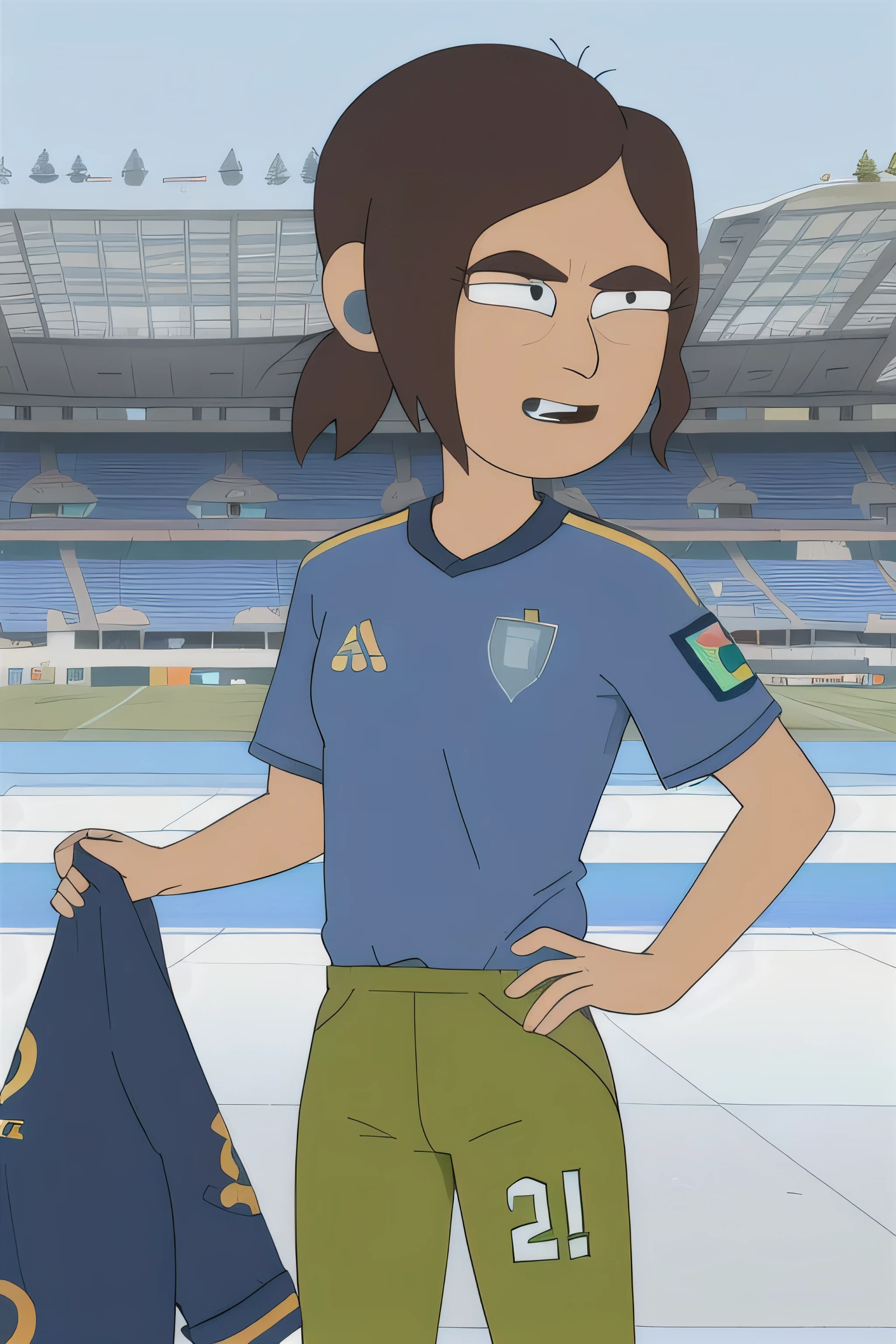 1 chica, 4k, Reagan, in soccer stadium, alegre, t-shirt of argentina national soccer team jersey sky blue and white vertical patterns, green olive pants, eufórica, cartoon, aficionada, alentando, 