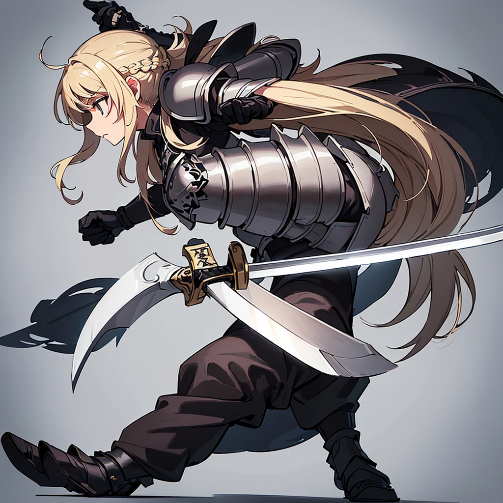 (((Solo)))、Highest quality, Best Quality、8K、Best illustrations、(Full body character concept、detailed)、(((Gray simple armor、Black trousers、Black gloves))、(woman、18-year-old)、(Blonde、Long Hair)、(((Grab the sword)))、(White background)、(Fighting stance,)、Dramatic Angle、(From the side、profile)