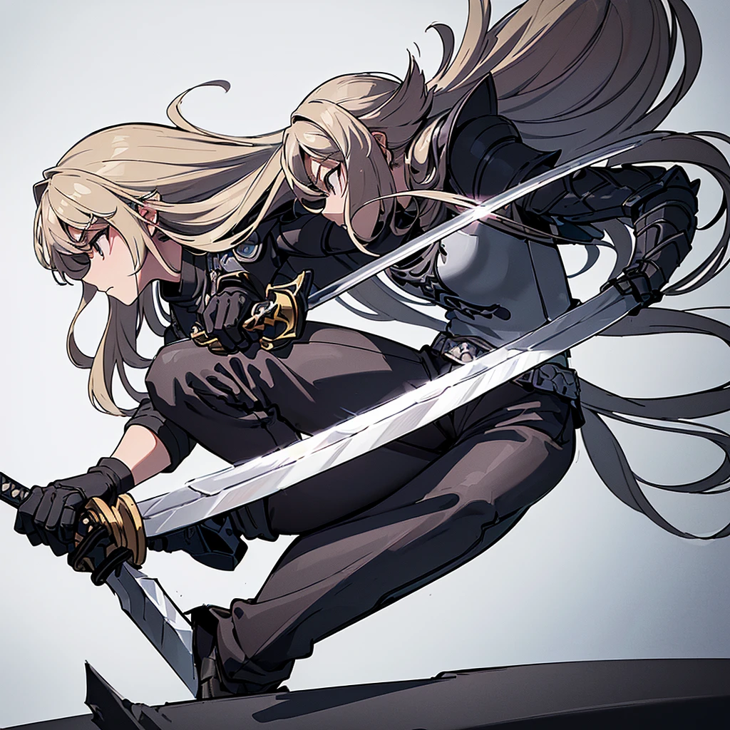(((Solo)))、Highest quality, Best Quality、8K、Best illustrations、(Full body character concept、detailed)、(((Gray simple armor、Black trousers、Black gloves))、(woman、18-year-old)、(Blonde、Long Hair)、(((Grab the sword)))、(White background)、(Fighting stance,)、Dramatic Angle、(From the side、profile)