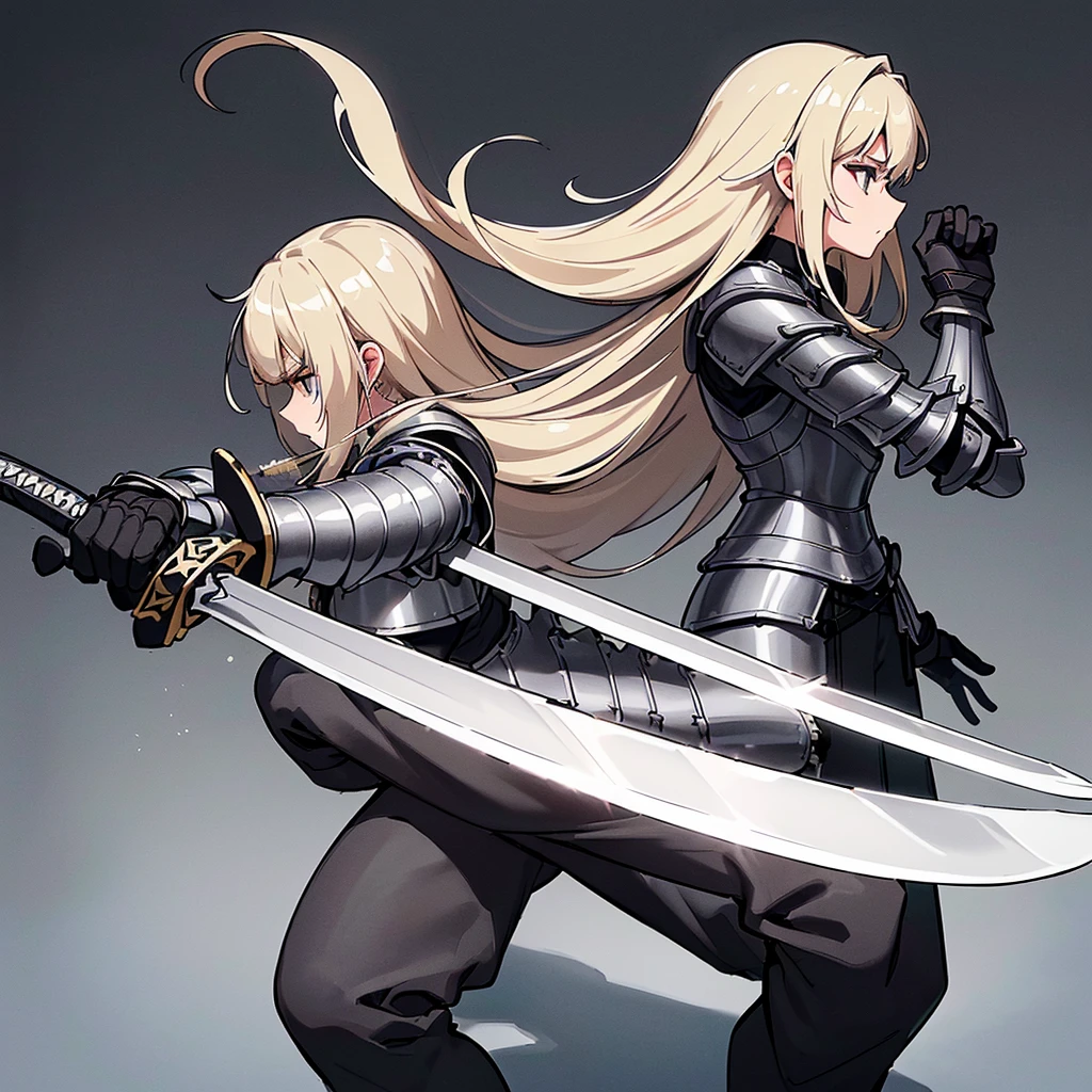 (((Solo)))、Highest quality, Best Quality、8K、Best illustrations、(Full body character concept、detailed)、(((Gray simple armor、Black trousers、Black gloves))、(woman、18-year-old)、(Blonde、Long Hair)、(((Grab the sword)))、(White background)、(Fighting stance,)、Dramatic Angle、(From the side、profile)