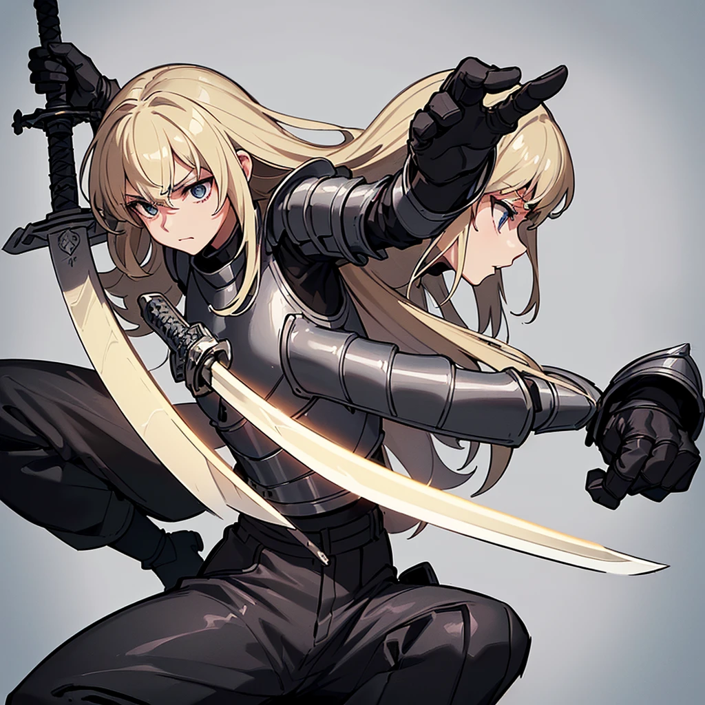 (((Solo)))、Highest quality, Best Quality、8K、Best illustrations、(Full body character concept、detailed)、(((Gray simple armor、Black trousers、Black gloves))、(woman、18-year-old)、(Blonde、Long Hair)、(((Grab the sword)))、(White background)、(Fighting stance,)、Dramatic Angle、(From the side、profile)