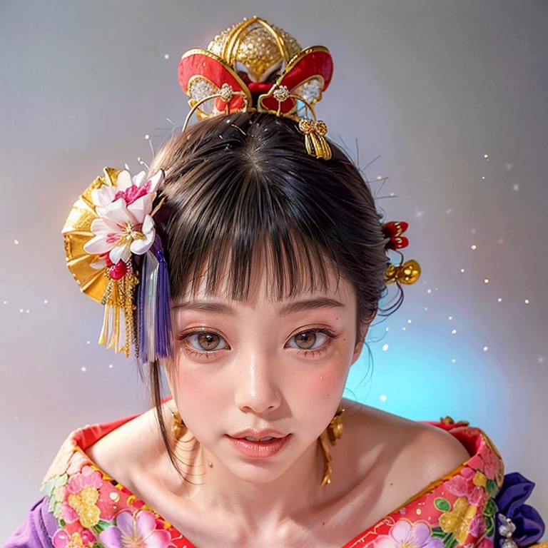 (PUNIPUNI clavicle KIMONO ((offshoulder)) KANZASHI FlowerHairpins Topknot TwinBun Oiran-Hair)High-level, 8K Masterpiece TopQuality, Ultra-detailed CG, Absurd detailed wallpaper, PerfectLighting, Extremely detailed (((Personifying " OIRAN " as a KAWAII Girl))), Characteristic Items, aesthetic LifeLike Rendering, MysticSight, Haze Tyndall Scattering, (Studio GRAY Background with (Oodles Dazzling Iridescent 🌈Particles (BokeH))), (((Assfocus)) RoundlyButt) ThighGap, (Exposed:0.44) 🔞 BREAK (Acutance:0.8), (NOGIZAKA FaceVariations) Extremely Detailed very KAWAII FaceVariations, Childish CaptivatingGaze ElaboratePupils ParfectEyes with (SparklingHighlights:1.28), (Voluminous LongEyelashes:0.88), 💄💋✨ GlossyRedLips with BeautifulDetails, CoquettishTongue, PUNIPUNI RosyCheeks, Radiant PearlSkin with Transparency, Glowing DowneyHair . { (Dynamic LifeLike expressions:1.4) | (:d) }, (large eyes:-1) .