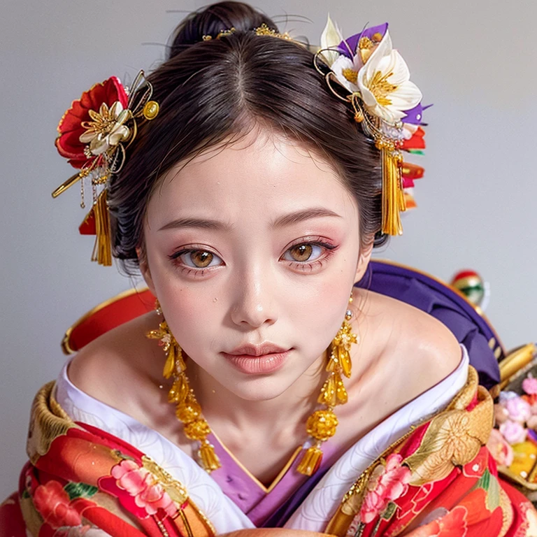 (PUNIPUNI clavicle KIMONO ((offshoulder)) KANZASHI FlowerHairpins Topknot TwinBun Oiran-Hair)High-level, 8K Masterpiece TopQuality, Ultra-detailed CG, Absurd detailed wallpaper, PerfectLighting, Extremely detailed (((Personifying " OIRAN " as a KAWAII Girl))), Characteristic Items, aesthetic LifeLike Rendering, MysticSight, Haze Tyndall Scattering, (Studio GRAY Background with (Oodles Dazzling Iridescent 🌈Particles (BokeH))), (((Assfocus)) RoundlyButt) ThighGap, (Exposed:0.44) 🔞 BREAK (Acutance:0.8), (NOGIZAKA FaceVariations) Extremely Detailed very KAWAII FaceVariations, Childish CaptivatingGaze ElaboratePupils ParfectEyes with (SparklingHighlights:1.28), (Voluminous LongEyelashes:0.88), 💄💋✨ GlossyRedLips with BeautifulDetails, CoquettishTongue, PUNIPUNI RosyCheeks, Radiant PearlSkin with Transparency, Glowing DowneyHair . { (Dynamic LifeLike expressions:1.4) | (:d) }, (large eyes:-1) .