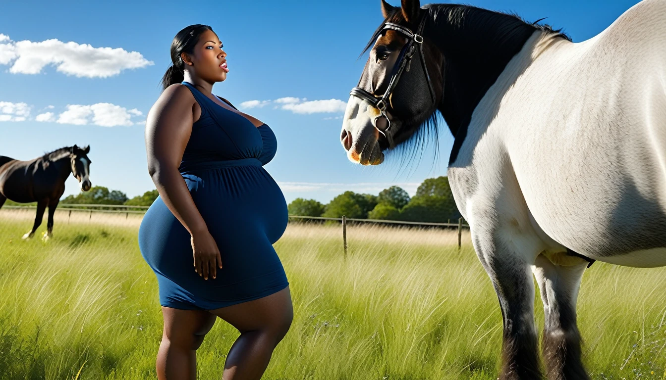 a nude BBW very full figured very black skinned nude African woman standing by the rear of one of two big shire draft horse mares (side view). big bum. very short tail. horse facing away from view point. flat grass meadow. steaming horse dung being excreted from horse bum. cloudless blue sky., black hair, short ponytail, dilated pupils, smelling horse bum, open mouth, high detail, depth of field, UHD, masterpiece, anatomically correct, accurate, super detail, highres, 16k meadow.  cloudless blue sky. both horses  and woman in complete full view