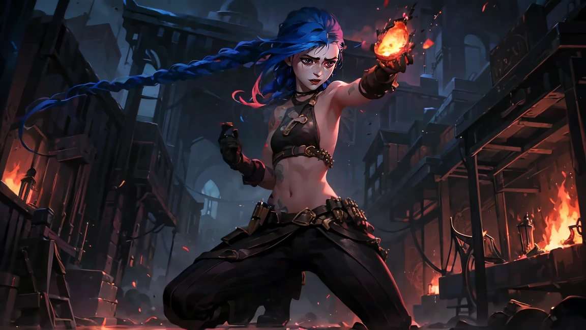 (masterpiece, Best quality), 1 girl, portrait, very sexy, crazy look, smile, crying, pink tears, tears on the cheeks, tears from eyes, full length (full body 1.1.), очень feminine, fighting stance, battle, fire, explosions, burning city, Beautiful waist, gloomy composition, flame, fire, Flash, very beautiful, feminine, long hair, hair braided in long braids, very sexy, tight leather pants, emphasis on the eyes, face accent, Beautiful face, Hands, Hair, Haired ponytail, red purple eyes, Джинкс crying, Blue cloud tattoo, (masterpiece, Best quality), Side lighting, beautiful detailed eyes, crazy face), (Best quality), (masterpiece), magic photography, Spectacular lighting, Photorealism, ultra detailed, интимная portraitная композиция, 1. 4,8 k UHD, aesthetic, Cd., A high resolution, 8 k, better lighting, Best shade, Ultra-HD, A high resolution, sharp focus, Complex background, Cinematic lighting, ((Landscape view)), 4K block, (better lighting), ((Cinematic lighting)),