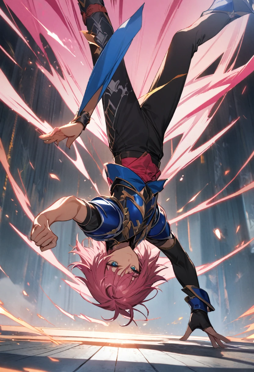 1boy,jrpg fantasy brave handsome man,rpg,bishounen,wearning knight armor and pants and armor legs,orange and pink and white and navy blue,japan anime,short hair,A dynamic pose of a breakdancer performing an impressive move,set in a visually striking and energetic composition,simple color,headspin,rpg fantasy,stylish effect,masterpiece, best quality, very aesthetic,absurdres,