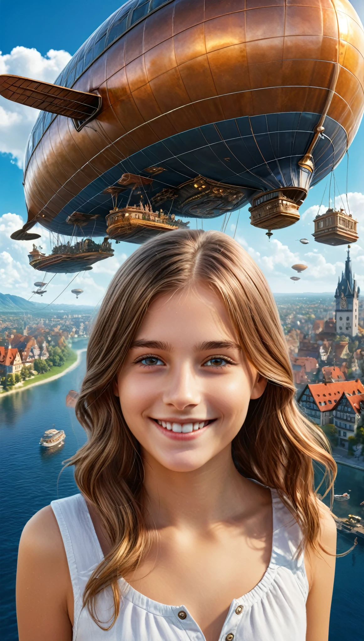 Many islands are floating in the air, A small airship is flying around, City, Fantasy, Extreme Detail, Realistic Light, A magnificent composition, (Intricate details), (Intricate Design, Super detailed :1.2), Art Station, (masterpiece, Highest quality), Ultra HD, 32K (Close-up portrait of 16yo beautiful Half German girl is smiling at viewers:1.6)