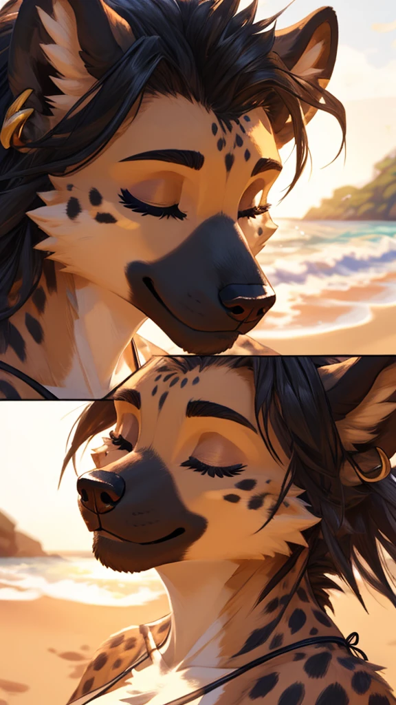 Hyena furry, female, solo. large breasts. smooth balck string bikini, 1 silver ear peircing, smiling, green eyes, eyeliner, chest facing right, head facing left, eyes closed very happy, having fun, playing. Digtial art, Bright sunlight, vibrant. At the beach. ((Close up on face and shoulders))