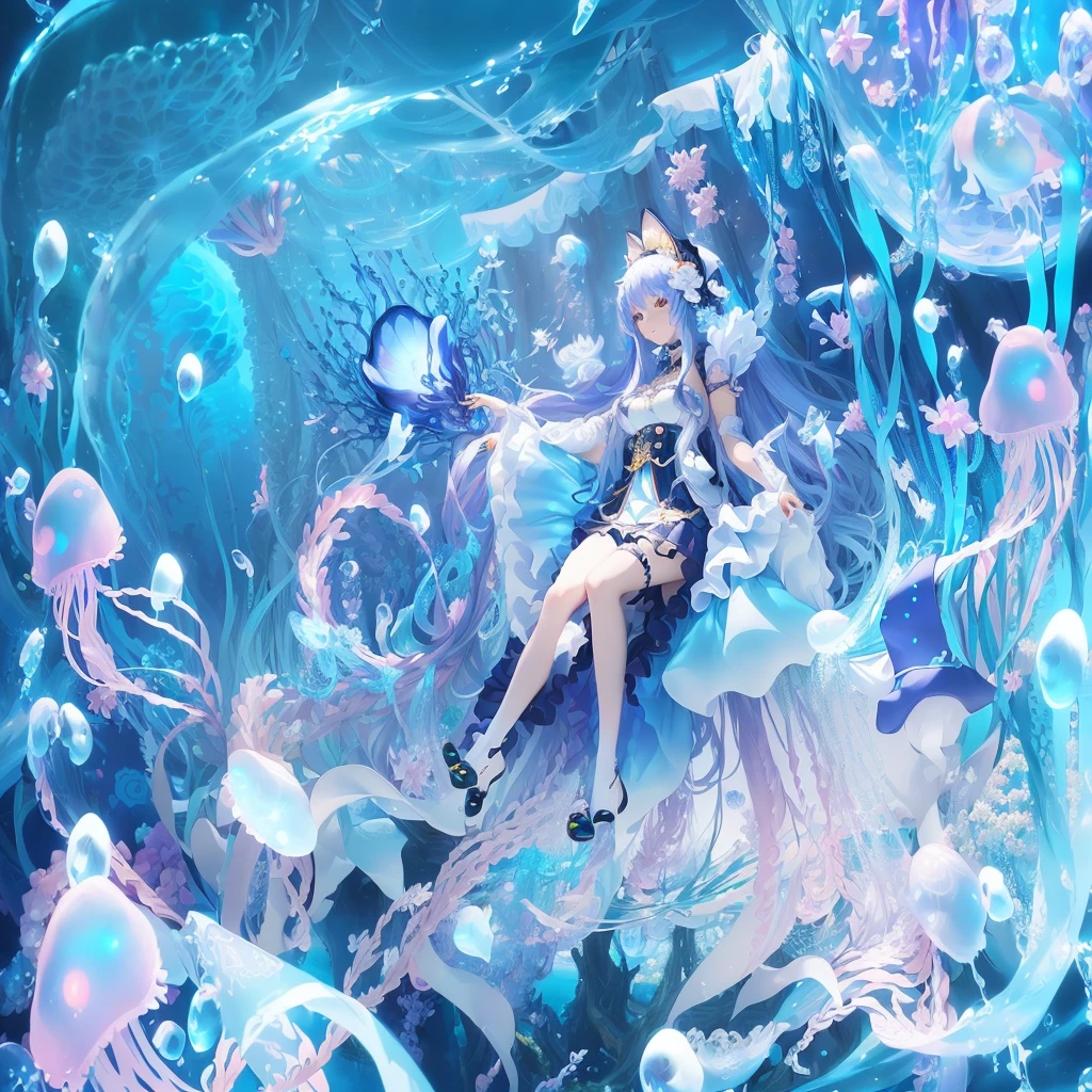 Anime girl sitting on a jellyfish,Surrounded by jellyfish and medusa, Anime Loli, Wallpaper Anime Blue Water, Azur route style, Anime fantasy illustration, From the Azur Lane video game, Beautiful fantasy anime, Popular on artstation pixiv, Zerochan art, Azur Lane Characters, Anime Fantasy Artwork, very beautiful anime cat girl