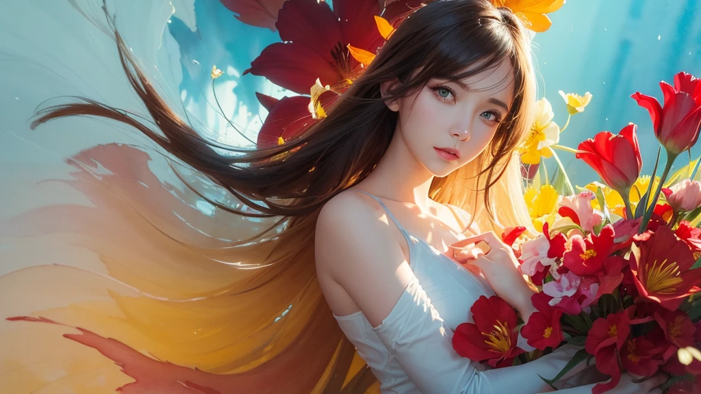 32k, Masterpiece, Highest quality, One girl, Detailed eyes, flower,gladiolus, Yellow and red style,A dreamy, romantic piece,Pale yellow, Mysterious Leaves,A playful arrangement,Fantasy,High Contrast,Ink strokes,explosion,Exposure, Impression of light blue and red tones,Abstract,((Watercolours by John Berkey and Jeremy Mann )) Brush strokes,Negative Space, Tyndall effect,