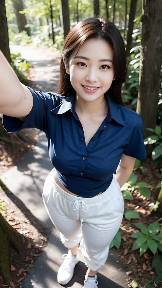 masterpiece, best quality, Surreal, Ultra Detailed, 8k resolution, RAW photos, Clear focus, (A girl in the forest), ((navy blue shirt:1.1)), Short sleeve, Long sweatpants,Full body posture, Solitary, Perfect body, Become a, 36 inches in the chest,(a charming smile:1), (sexy pose)，26 years old, light,White shoes,Selfie,