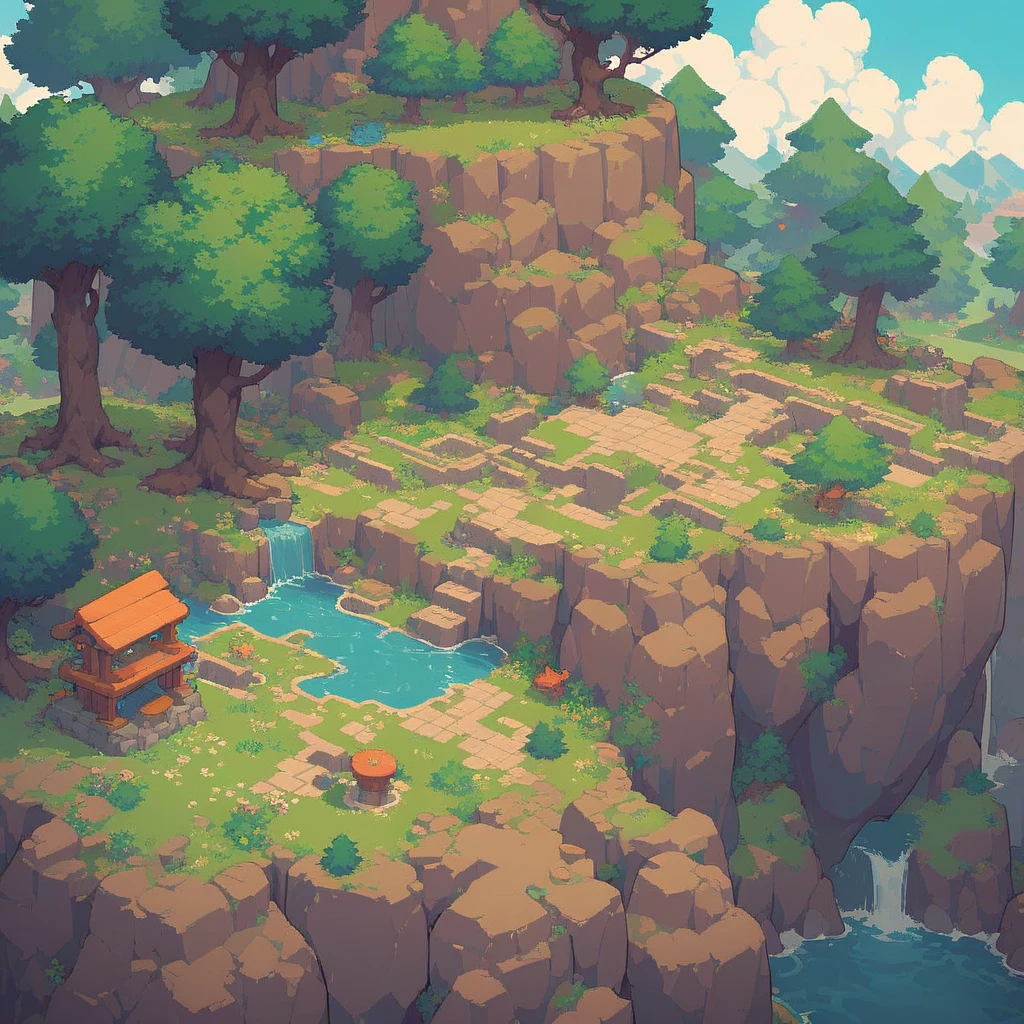 retro video game style,pixelated, vibrant pastel colors,8-bit characters,blocky shapes,sharp lines,detailed shading,classic gaming vibe,nostalgic atmosphere,classic arcade games,masterpiece:1.2,ultra-detailed,illustration style, 2d texture, stone texture, 4 k seamless mud texture, video game texture, dirt texture, tileset, game tiles, grass, trees, rock texture, detailed trees, topdown view, game texture, game art, tileable texture, very detailed cliff texture, intricate stones, top down view, 3/4th perspective
